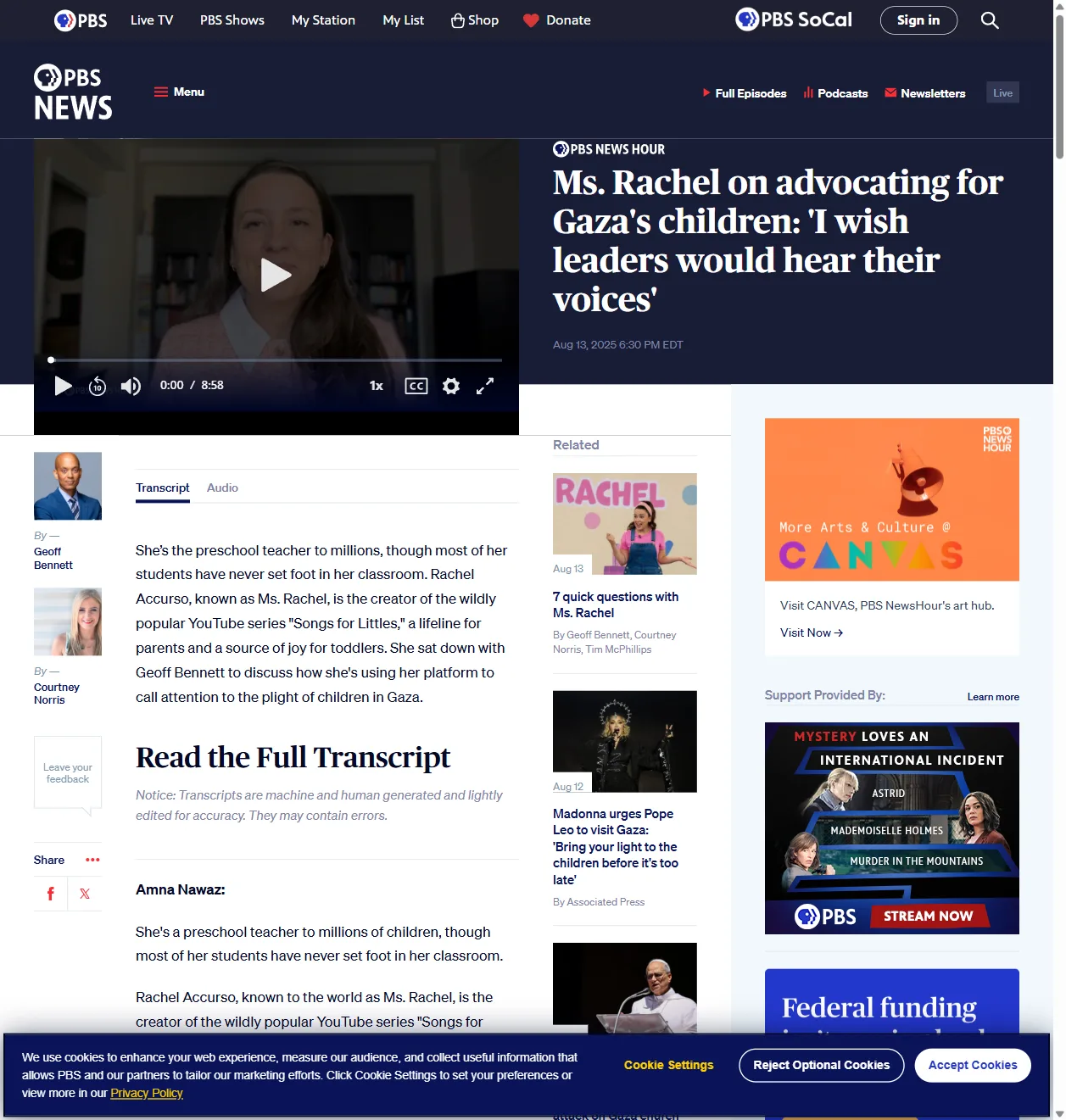 PBS NewsHour: "Ms. Rachel on advocating for Gaza's children: I wish leaders would hear their voices."