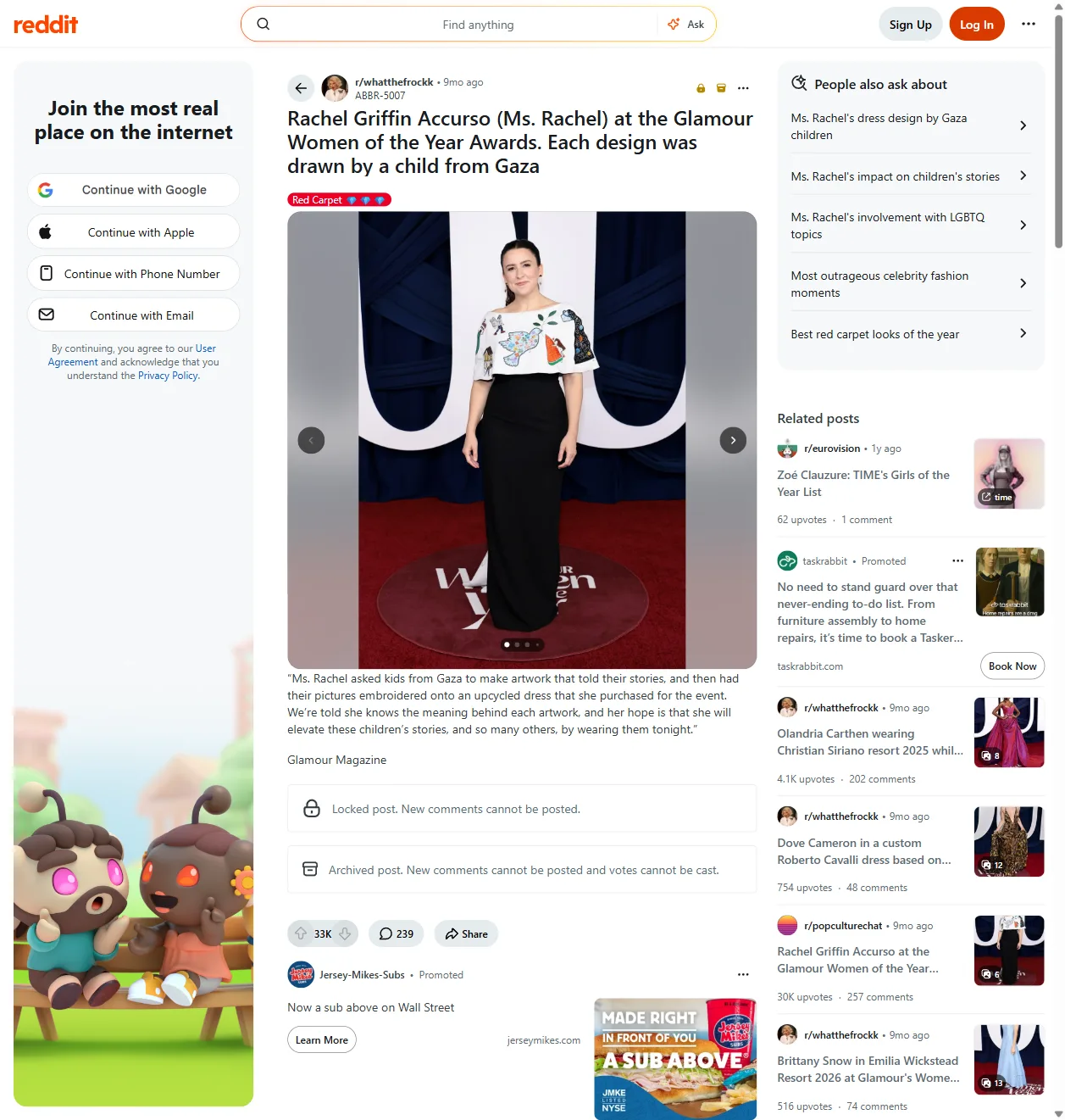 Reddit r/whatthefrockk: Ms. Rachel at the Glamour Women of the Year Awards, dress drawn by children from Gaza