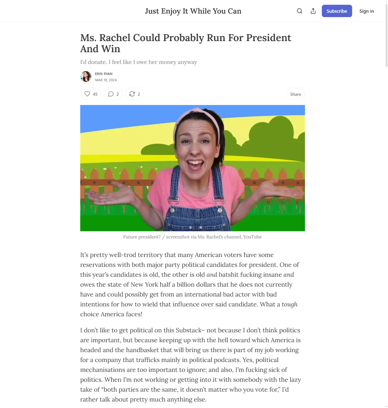 Viral Substack essay: "Ms. Rachel Could Probably Run For President And Win" by Erin Ryan, March 2024