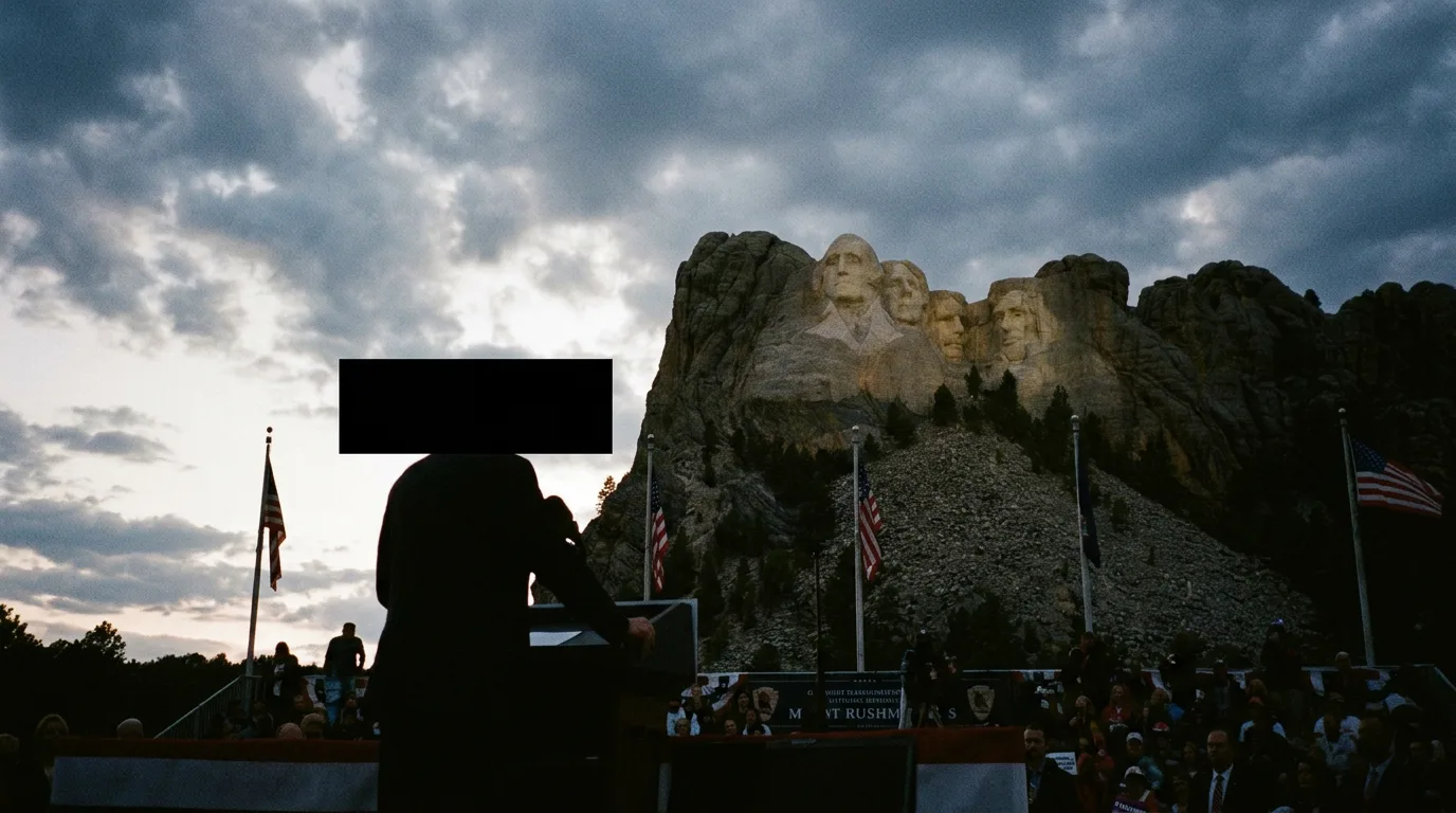 A silhouetted figure at a podium before Mount Rushmore, with a black censorship bar over the head.