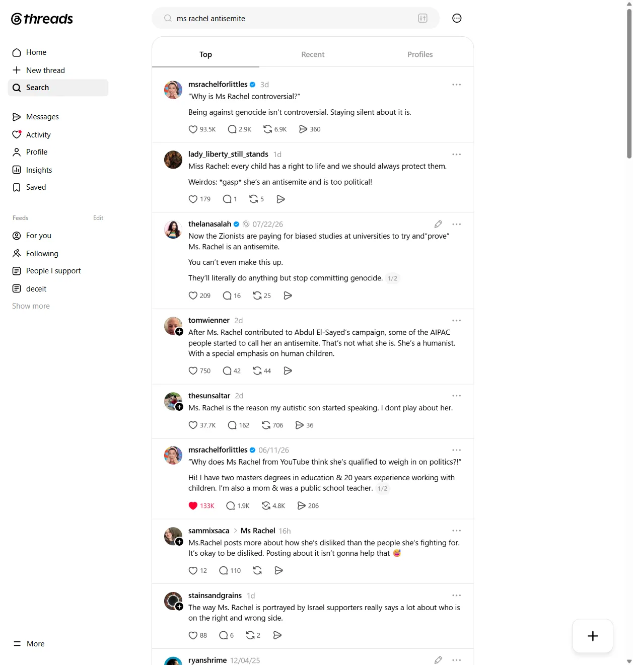 Threads search for "Ms Rachel antisemite" showing the label machine's output: posts labeling her, warning parents about her, and calling for her cancellation.
