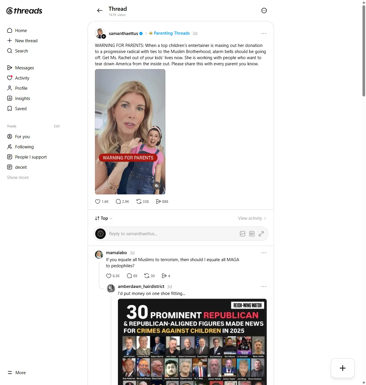 Threads posts warning parents about Ms. Rachel, part of the organized campaign to frame her advocacy for Gaza's children as antisemitism.