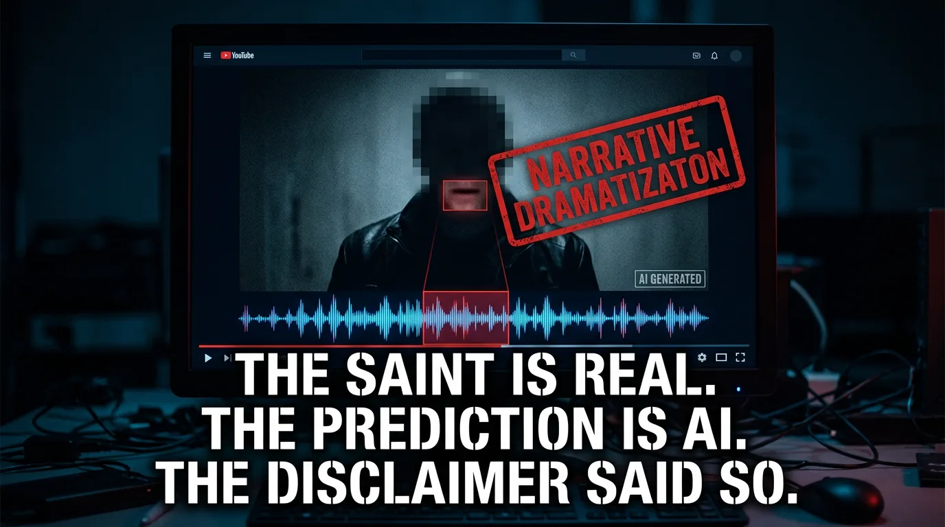 An AI-manipulated video frame bearing a NARRATIVE DRAMATIZATION stamp.