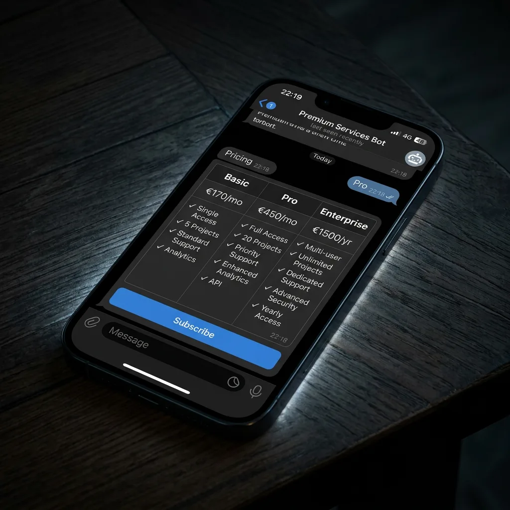 A phone showing a Telegram bot storefront with tiered pricing plans.