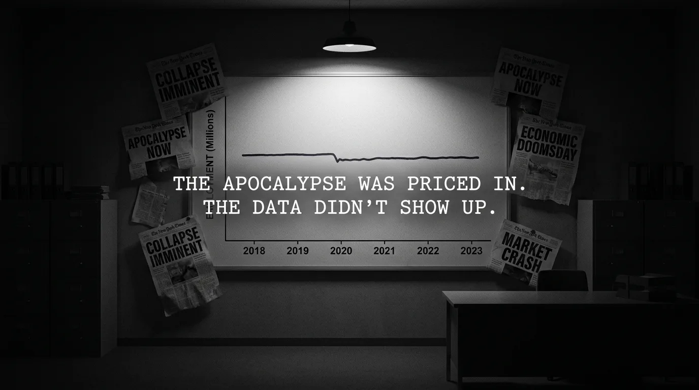 A flat, stable employment line surrounded by faded alarmist headlines.
