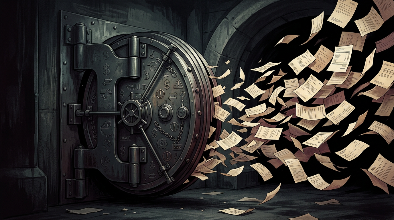 A bank vault door closing with hundreds of financial documents and account statements flying out of it into darkness.