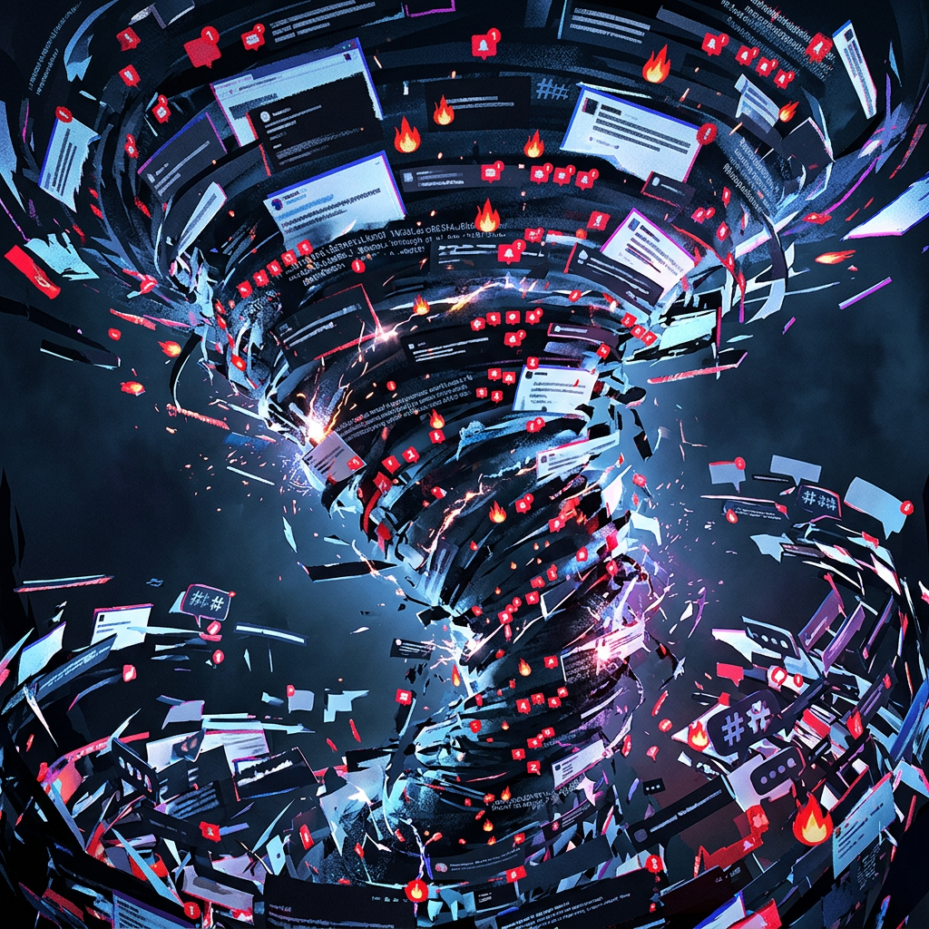 A chaotic digital mob storm of angry comments, screenshots, and outrage consuming a lone figure.