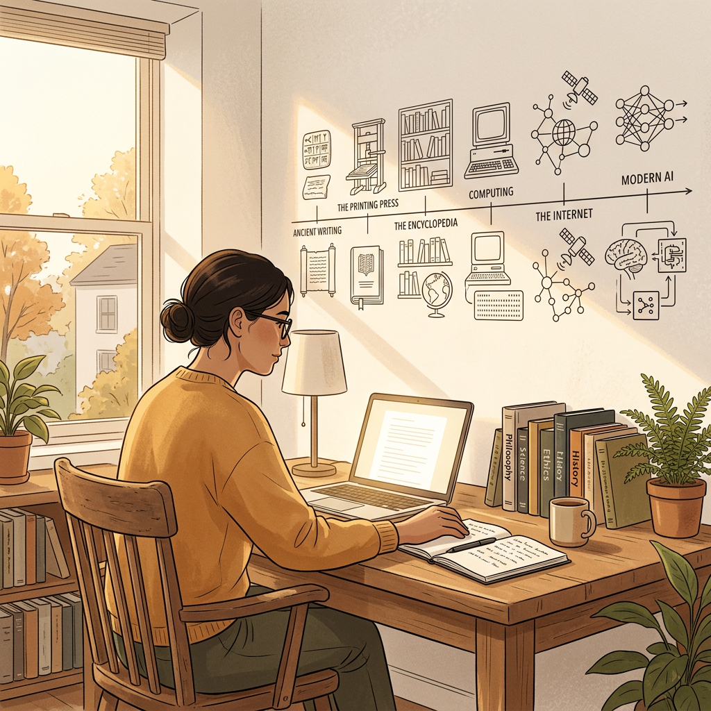 A calm researcher at a desk with books and tools, a timeline of human cognitive evolution on the wall behind.