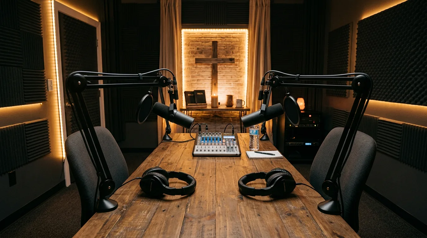 A podcast recording studio with two microphones.