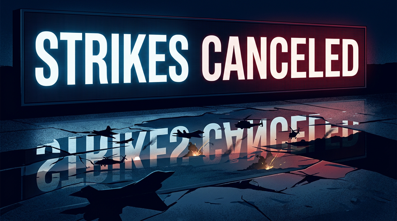 A digital announcement reading STRIKES CANCELED against a dark background, with military aircraft and explosion flashes visible in the reflection below.