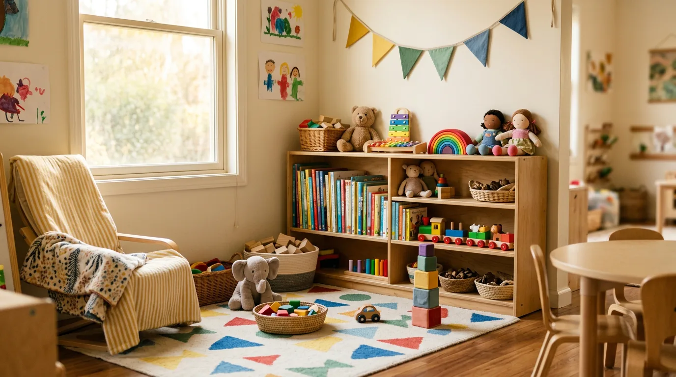 A bright children's classroom corner with picture books and toys.