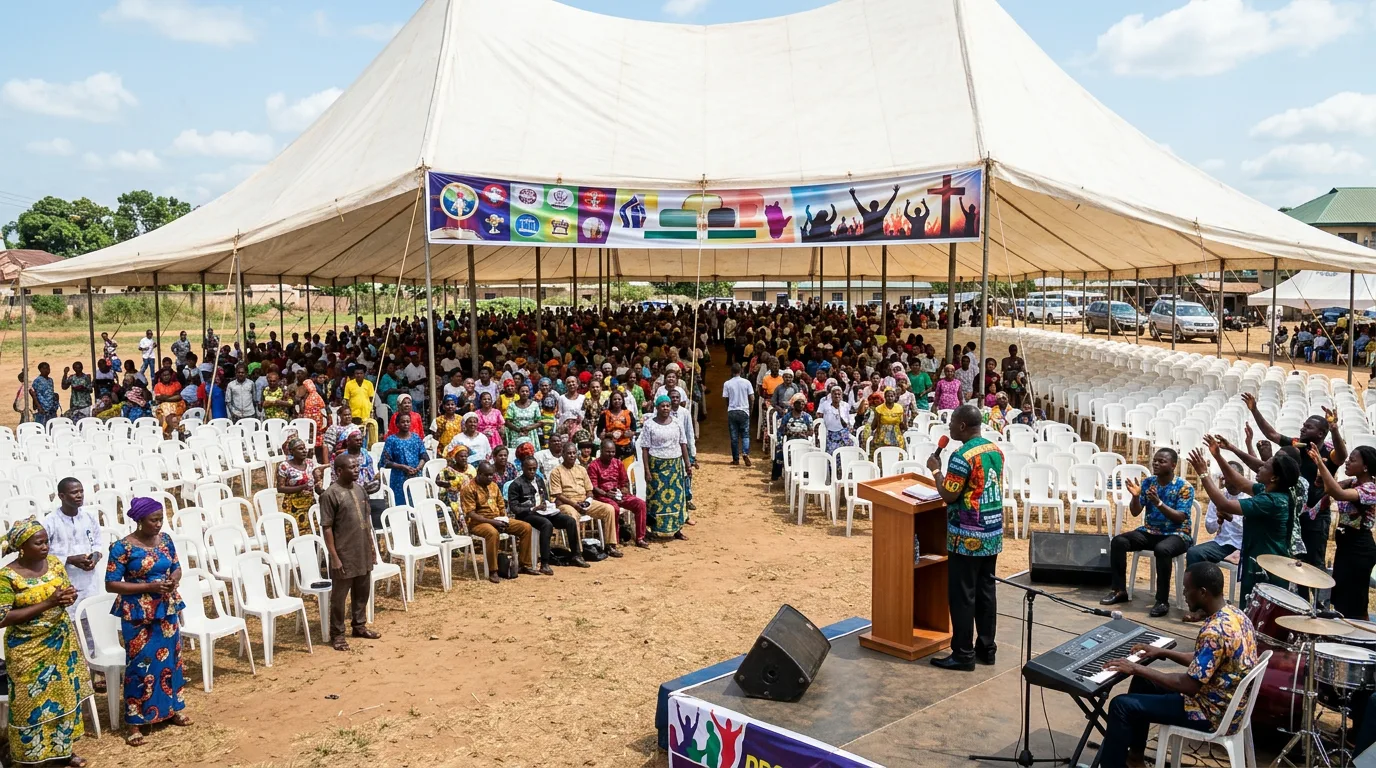 An open-air prosperity crusade tent on an ordinary day.