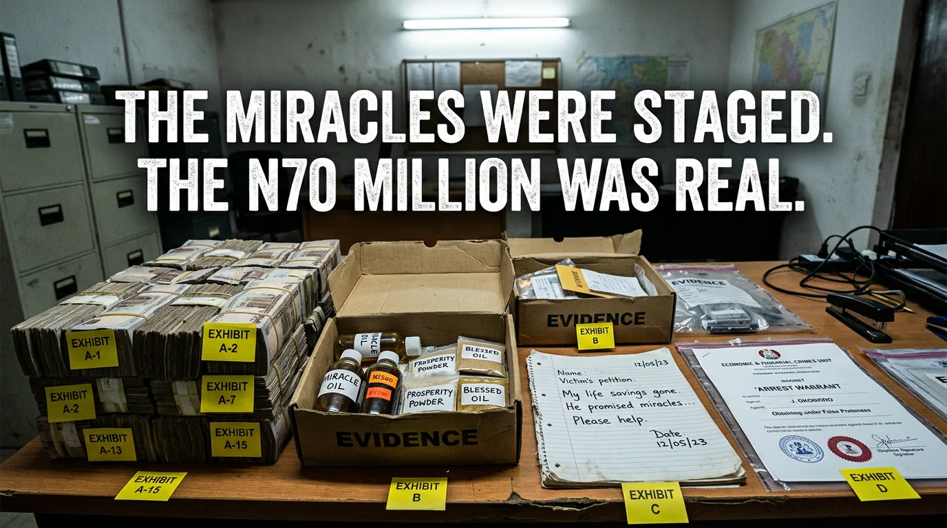 The EFCC evidence table: staged miracles, prosperity products, and N70 million in real money.