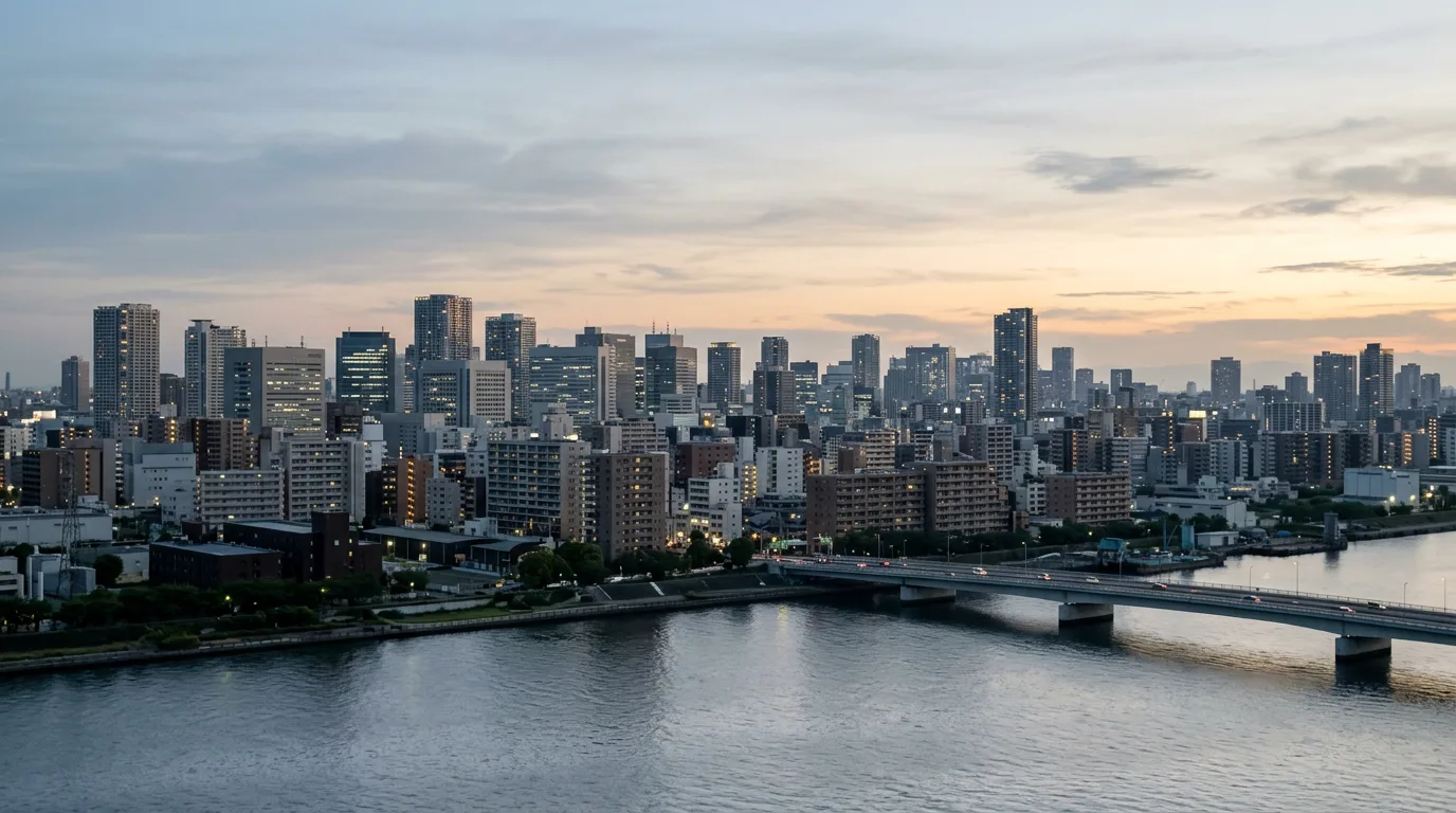 A generic city skyline at dusk.