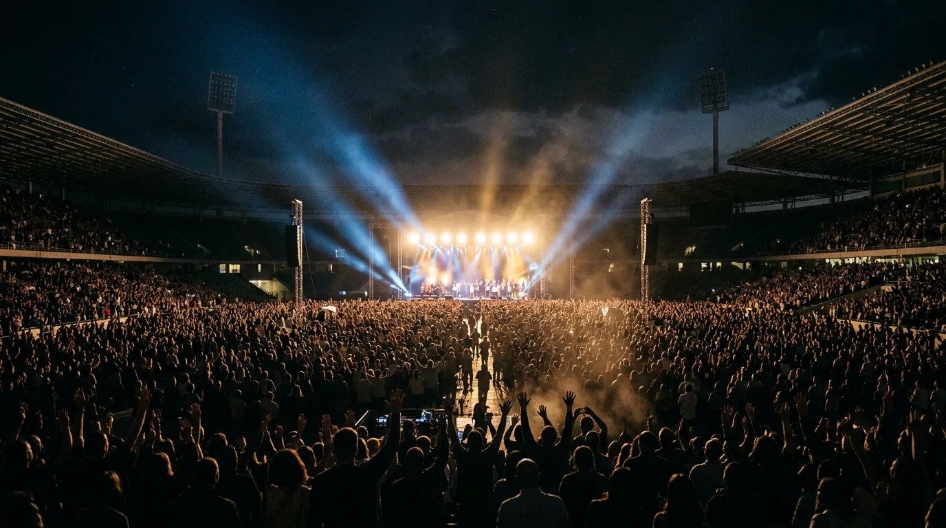 A healing crusade stadium at night, the crowd hopeful.