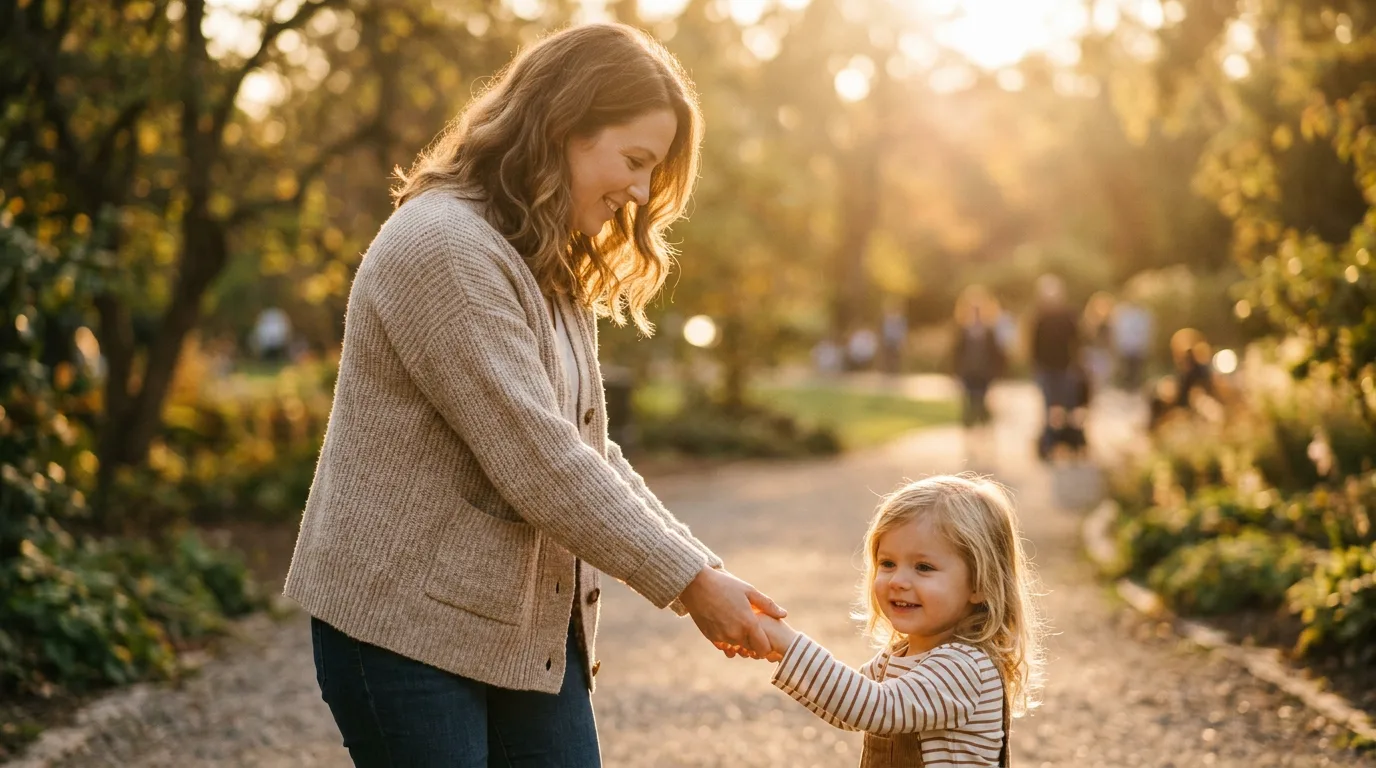 A mother holding a child's hand in soft golden light.
