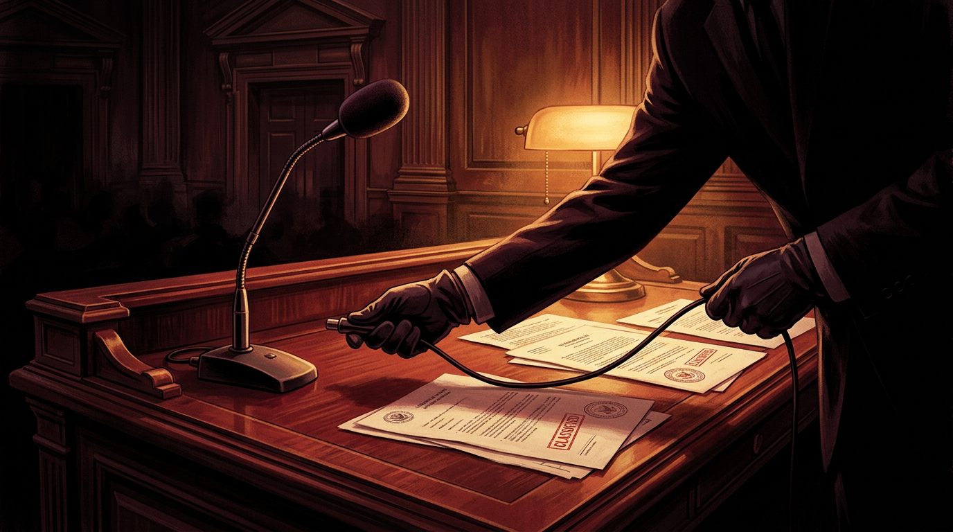 A government podium with a microphone being unplugged by a shadowy hand, legal documents scattered across the desk.