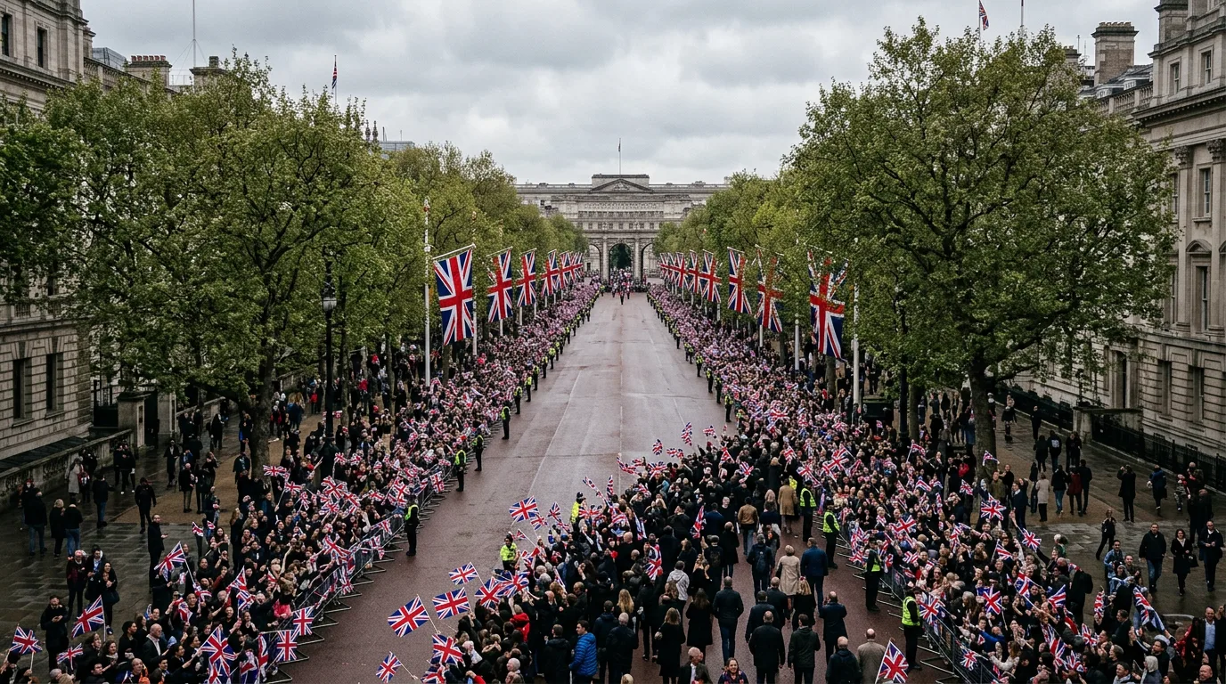 Tree-lined grand avenue with a distant crowd waving Union Jack flags