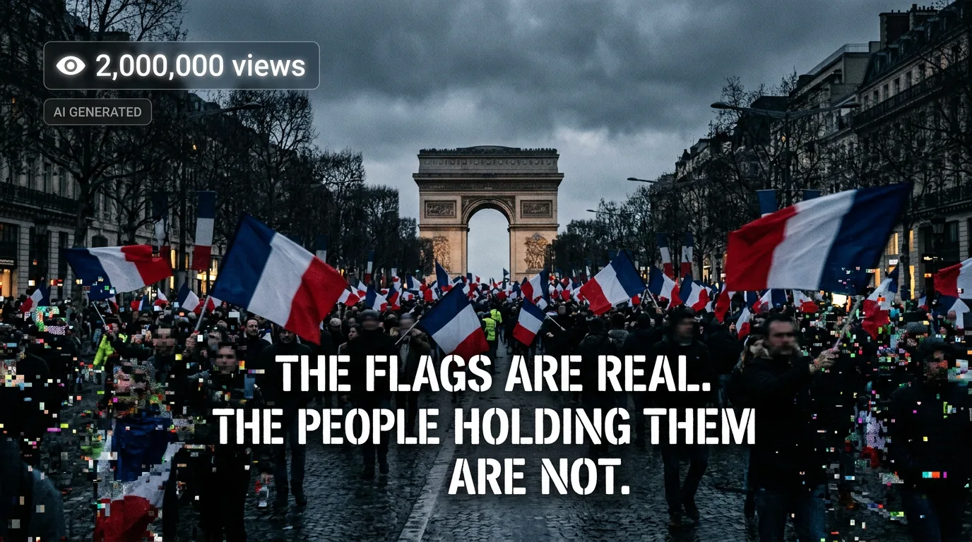 A grand avenue that is Paris, the crowd dissolving into pixels beneath a 2M view counter.