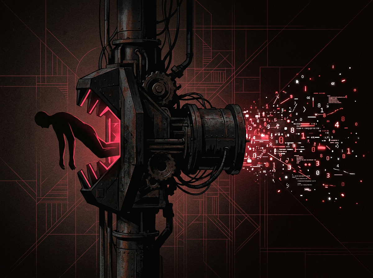 A dark pipeline converting a human silhouette into scattered data points and numbers. The machine is mechanical and indifferent. Crimson lines trace the conversion from person to metric.